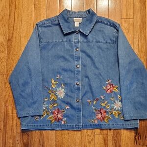 Coldwater Creek Blue Denim Jacket with Floral Embroidery 2X